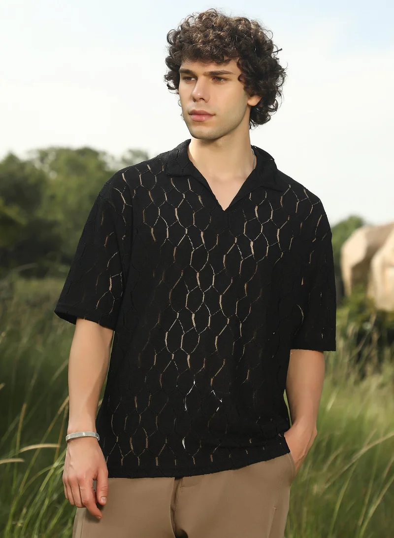 Campus Sutra Men's Onyx Black Honeycomb-Knit Polo T-Shirt