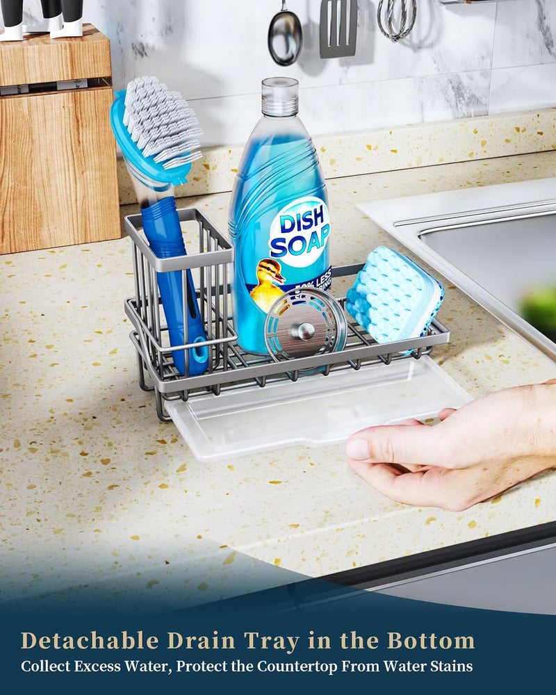 Consumest Sponge Holder for Kitchen Sink, Sink Caddy Kitchen Sink Organizer with Removable Drip Tray for Countertop Dish Soap Holder Dispenser Brush Holder, 304 Stainless Steel - Sand Nickel - Image 4