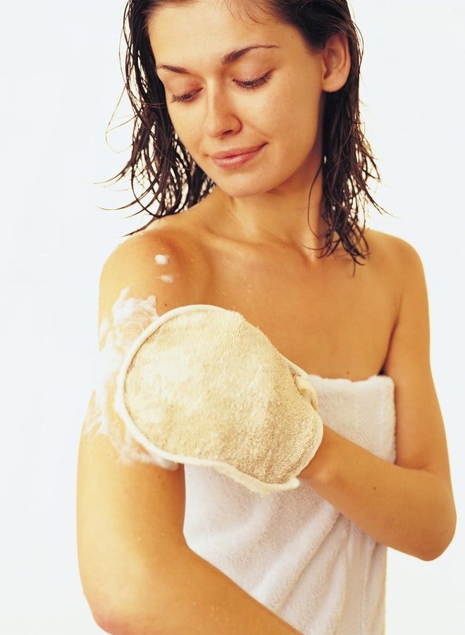 spa destinations Premium Natural Exfoliating Loofah Glove Pad Body Scrubber by Spa Destinations. Mitt Sponge Biodegradable Bath and Shower Luffa Sponge, Women and Men (2 Pack) Beige - Image 2