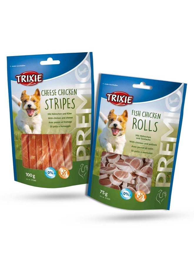 تريكسي مجموعة مكافآت الكلاب الفاخرة: لفائف الدجاج بالسمك، 75 جرامًا وشرائح الدجاج بالجبن، 100 جرام - وجبات خفيفة غنية بالبروتين وتدريب صحي لجميع سلالات الكلاب - Image 1