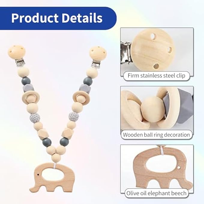 PRAM CHAIN WOODEN BABY, PRAM CHAIN, PRAM TOY GIRLS BOY, PLAY CHAIN FOR PRAM, BABY SEAT TOY, WITH WOODEN ELEPHANT FOR BABIES AND TODDLERS FROM 0+ MONTHS - Image 3