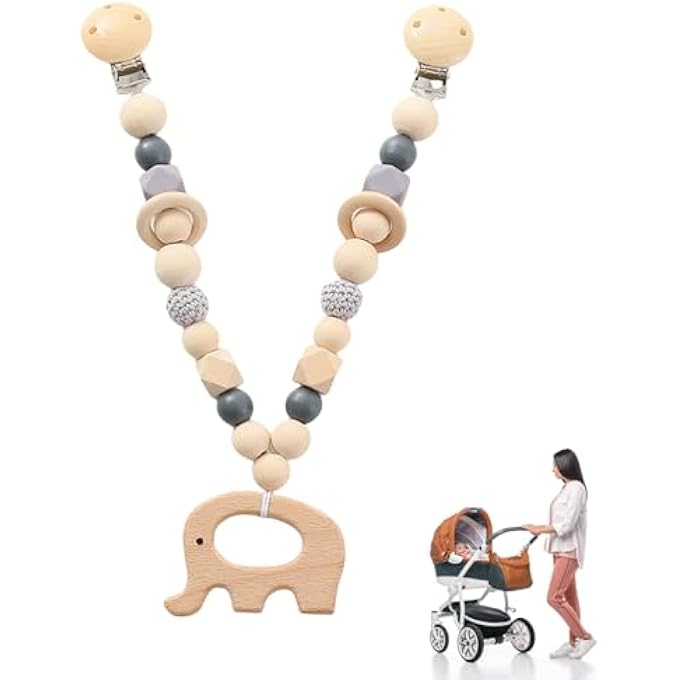 PRAM CHAIN WOODEN BABY, PRAM CHAIN, PRAM TOY GIRLS BOY, PLAY CHAIN FOR PRAM, BABY SEAT TOY, WITH WOODEN ELEPHANT FOR BABIES AND TODDLERS FROM 0+ MONTHS - Image 1
