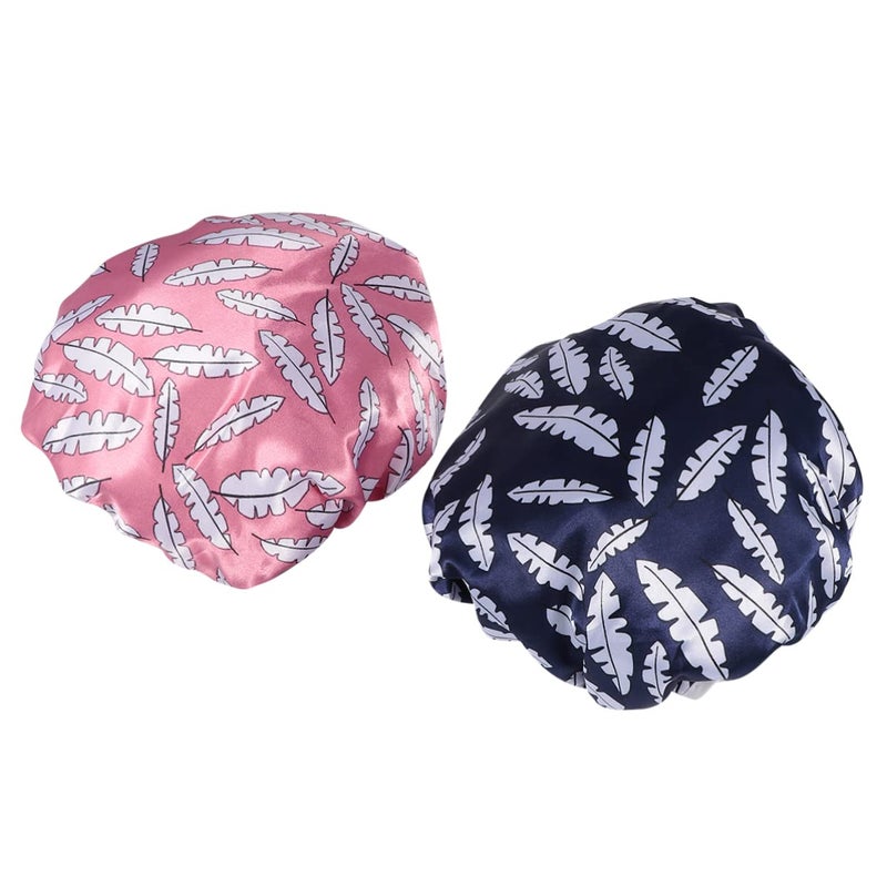 Double Layer Satin Shower Cap Set For Women Navy Pattern Hair Protection For Bathing Salon - Image 2