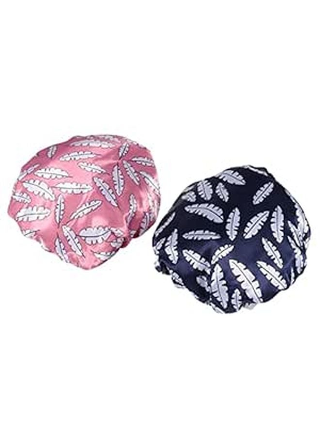 Double Layer Satin Shower Cap Set For Women Navy Pattern Hair Protection For Bathing Salon - Image 1