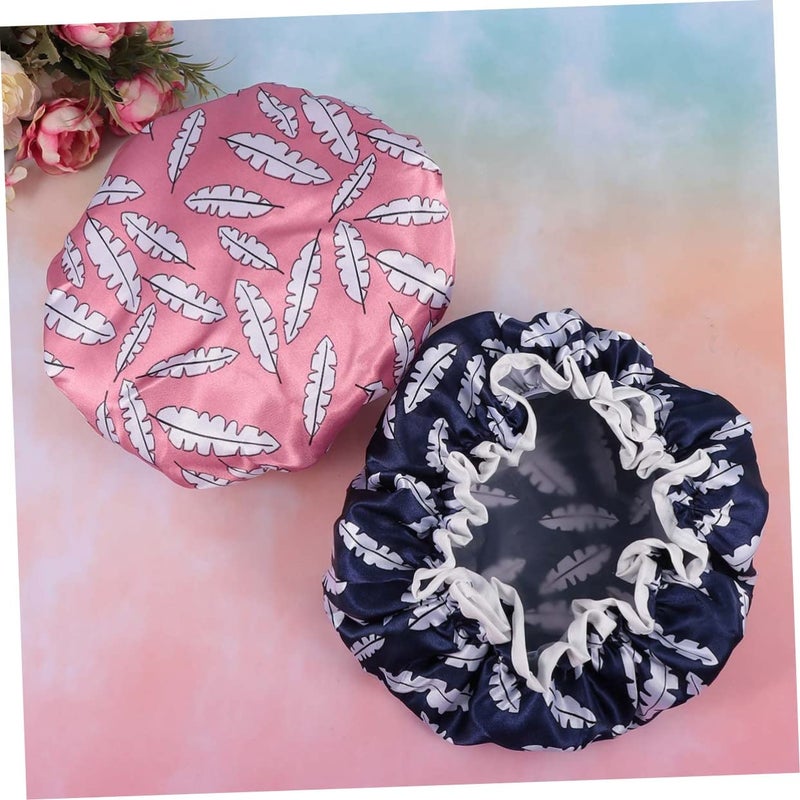 Double Layer Satin Shower Cap Set For Women Navy Pattern Hair Protection For Bathing Salon - Image 5