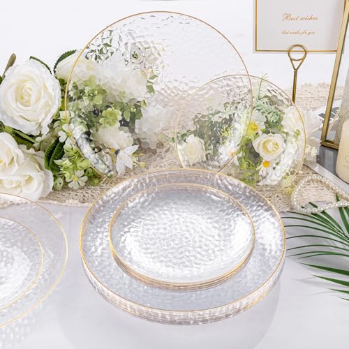 Rubtlamp 100Pcs Clear Gold Plastic Plates, Disposable Plates With Gold Rim, Heavy-duty Party Platos, Hammered Plastic Plates Include 50 Clear Dessert Platos, 50 Dinner Platos for Party - Image 5