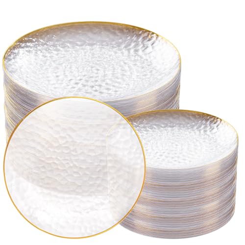 Rubtlamp 100Pcs Clear Gold Plastic Plates, Disposable Plates With Gold Rim, Heavy-duty Party Platos, Hammered Plastic Plates Include 50 Clear Dessert Platos, 50 Dinner Platos for Party - Image 1