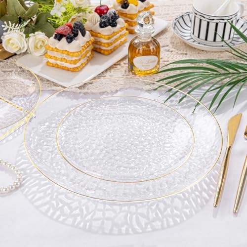 Rubtlamp 100Pcs Clear Gold Plastic Plates, Disposable Plates With Gold Rim, Heavy-duty Party Platos, Hammered Plastic Plates Include 50 Clear Dessert Platos, 50 Dinner Platos for Party - Image 3