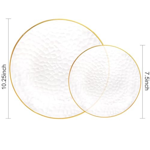Rubtlamp 100Pcs Clear Gold Plastic Plates, Disposable Plates With Gold Rim, Heavy-duty Party Platos, Hammered Plastic Plates Include 50 Clear Dessert Platos, 50 Dinner Platos for Party - Image 2