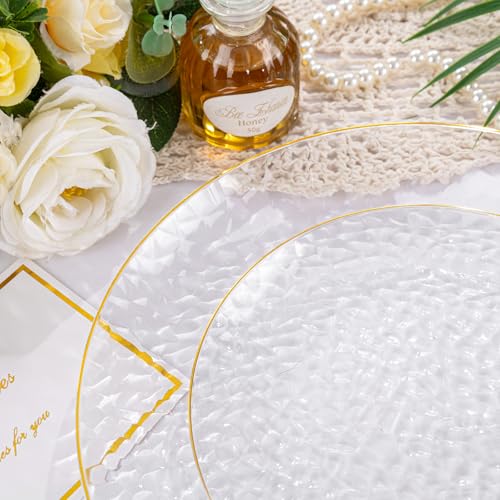 Rubtlamp 100Pcs Clear Gold Plastic Plates, Disposable Plates With Gold Rim, Heavy-duty Party Platos, Hammered Plastic Plates Include 50 Clear Dessert Platos, 50 Dinner Platos for Party - Image 4