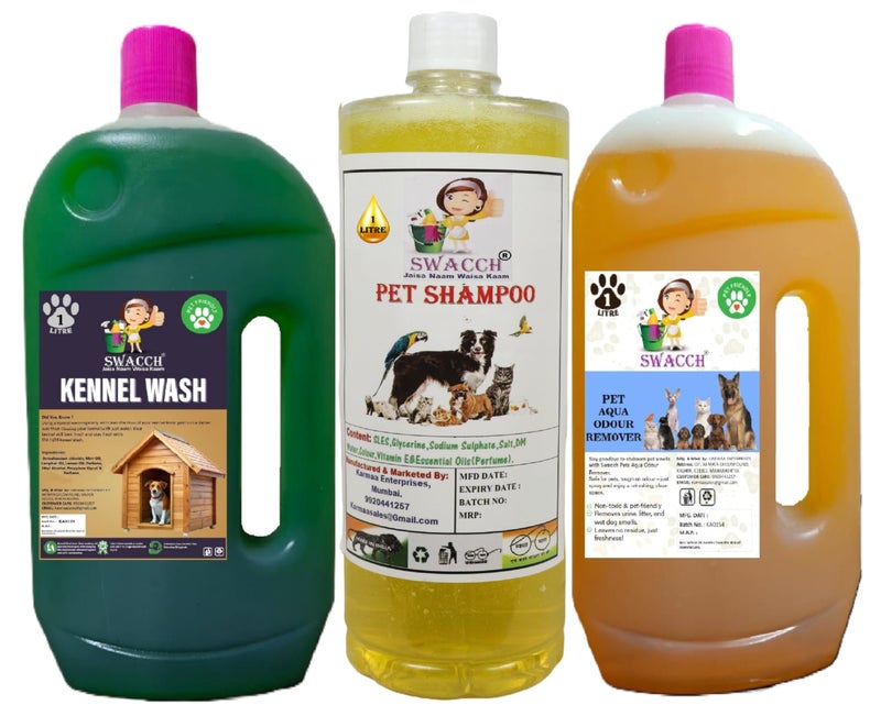 swacch Kennel Wash (Jasmine) + Pet Shampoo (Lemon) I Pet Aqua Odour Remover (Orange) 1 Litre Combo Pack of 3 Economical Pack I Dog and Cat Friendly - Image 1