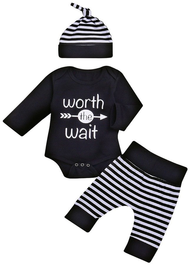 Besokuse Baby Unisex Worth the Wait Arrow Printed Romper Striped Pant Hat Outfit Clothes (Black, 0-3Month) - Image 1