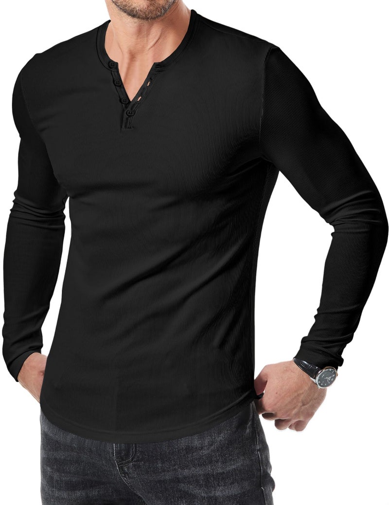 JMIERR Mens Long Sleeve T Shirt Muscle Slim Fitted Henley Longline Tees Shirts for Gym Workout, M, Black - Image 1