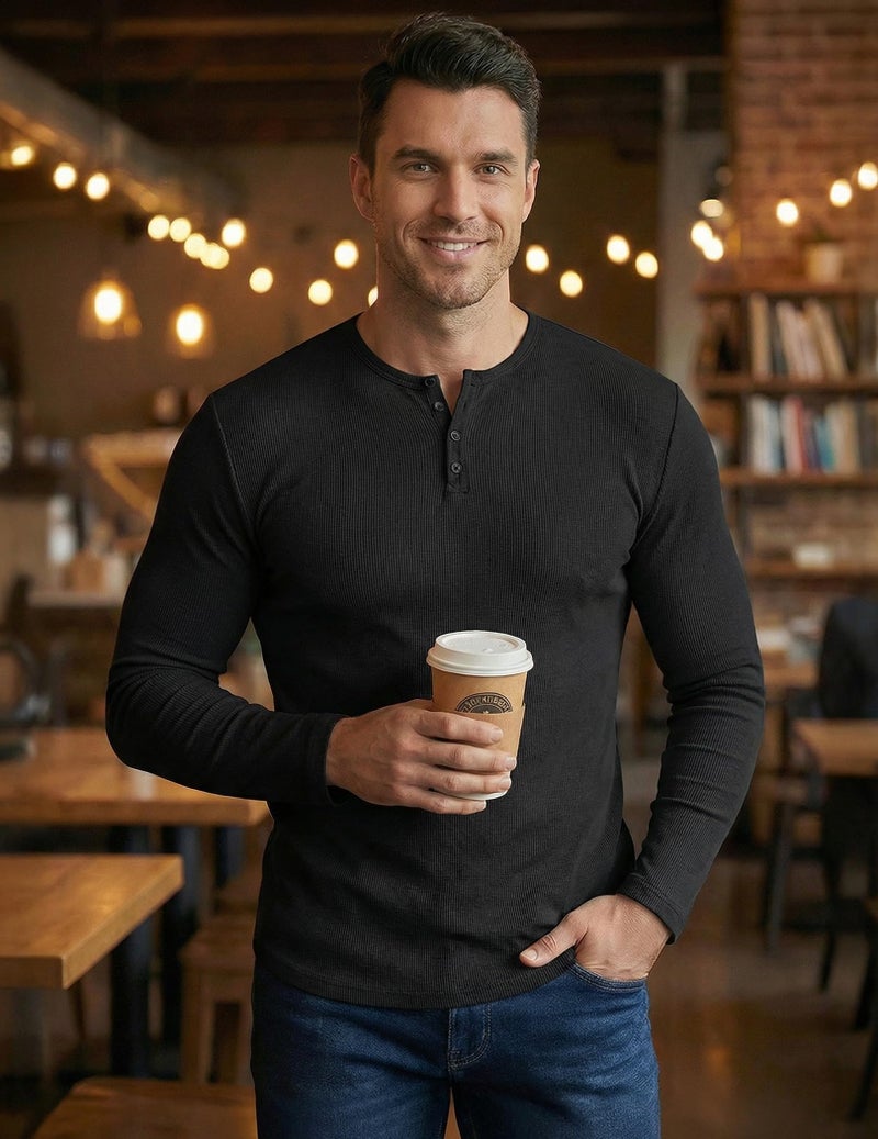 JMIERR Mens Long Sleeve T Shirt Muscle Slim Fitted Henley Longline Tees Shirts for Gym Workout, M, Black - Image 2