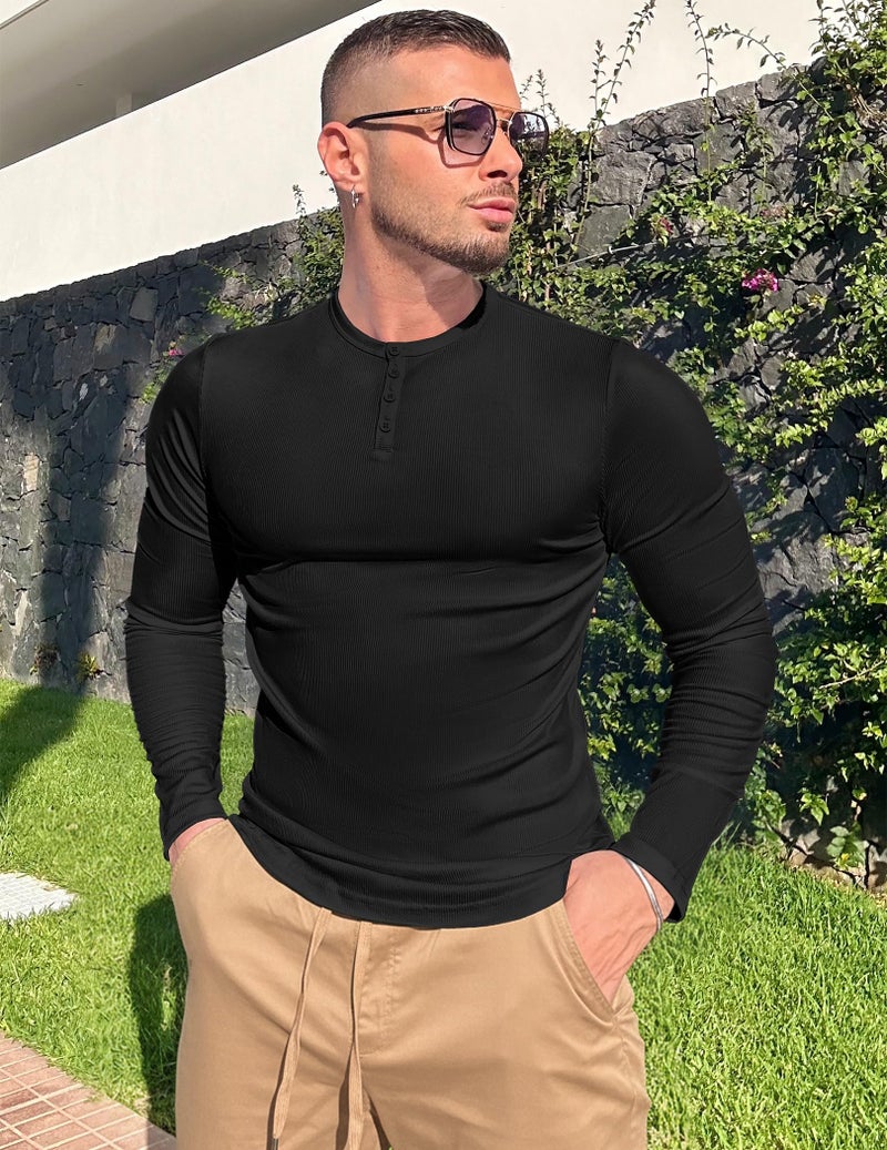 JMIERR Mens Long Sleeve T Shirt Muscle Slim Fitted Henley Longline Tees Shirts for Gym Workout, M, Black - Image 3
