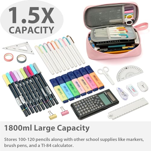 SPACEMATE Pencil Case Pouch Box Bag School Supplies Girls Boys Kids, Cute Preppy Stuff Large Big Capacity Aesthetic Pen Organizer, Back to College Stationary, Pink, Classic Stlye, 1800ml - Image 2