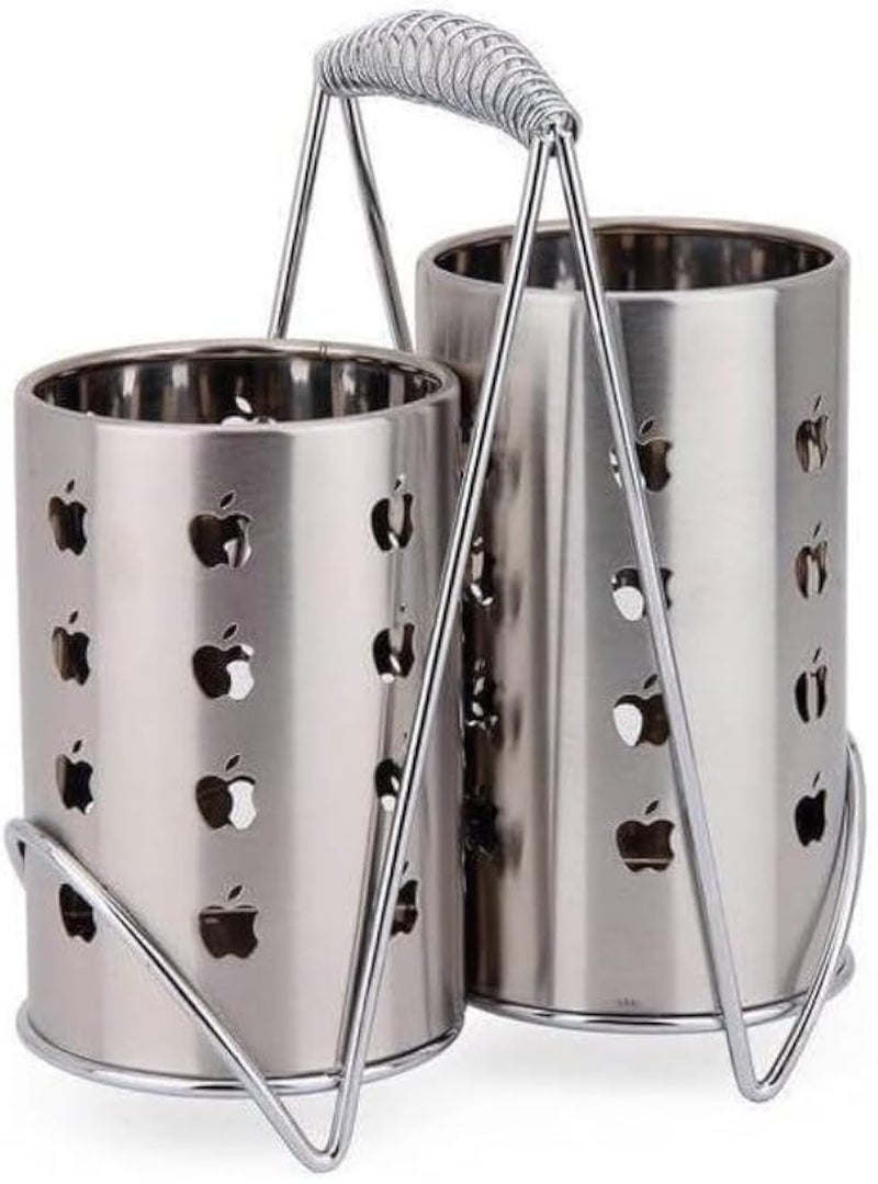 Cutlery Holder Stainless Steel 2 in 1 Utensil Organizer and Drainer for Knives Spoons Forks Double Cup Countertop Dishware Rack