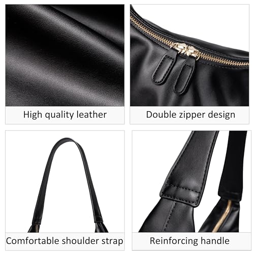 JYG Leather Hobo Bags for Women Small Soft Shoulder Purse Black Slouchy Tote Handbag with Double Zipper Design 2025 - Image 2