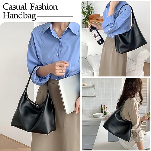 JYG Leather Hobo Bags for Women Small Soft Shoulder Purse Black Slouchy Tote Handbag with Double Zipper Design 2025 - Image 5