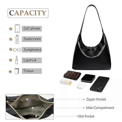 JYG Leather Hobo Bags for Women Small Soft Shoulder Purse Black Slouchy Tote Handbag with Double Zipper Design 2025 - Image 4