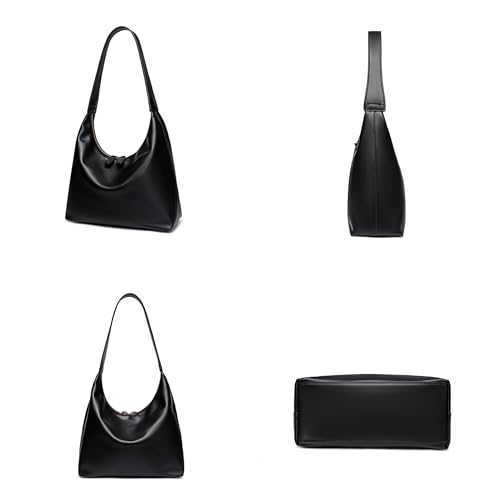 JYG Leather Hobo Bags for Women Small Soft Shoulder Purse Black Slouchy Tote Handbag with Double Zipper Design 2025 - Image 3
