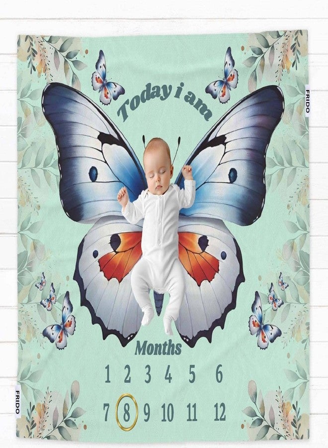 فريدو بطانية أطفال قطنية من فريدو مع دعائم لجلسة تصوير شهرية، قماط ناعم للأطفال حديثي الولادة مع بطاقات من 1 إلى 12 شهرًا، بطانية غرفة مكيفة للاستخدام الصيفي/الشتوي/متعددة الاستخدامات (أزرق فراشة) - Image 1