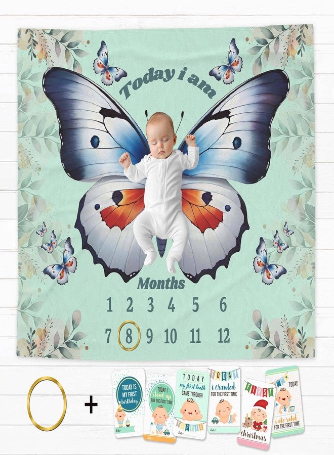 فريدو بطانية أطفال قطنية من فريدو مع دعائم لجلسة تصوير شهرية، قماط ناعم للأطفال حديثي الولادة مع بطاقات من 1 إلى 12 شهرًا، بطانية غرفة مكيفة للاستخدام الصيفي/الشتوي/متعددة الاستخدامات (أزرق فراشة) - Image 2