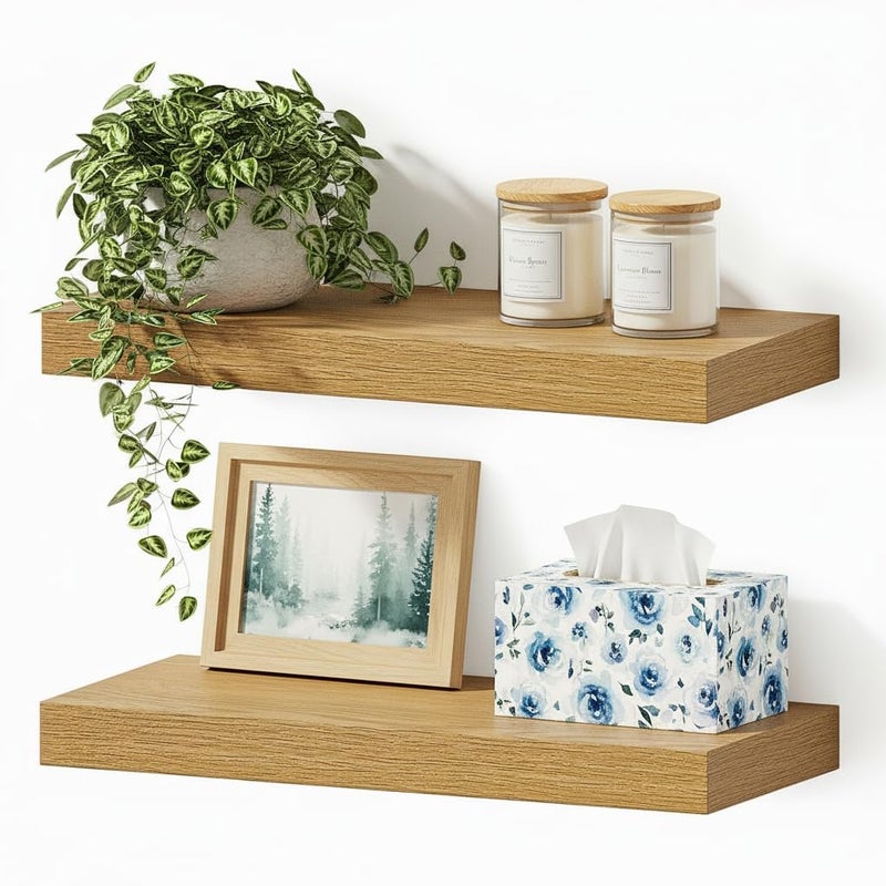 Vivelove Floating Shelves for Wall Mounted, 16 inchs Shelf for Small Bathroom, Bedroom, Living Room, Kitchen, Modern Home Decor, Rustic Farmhouse Wall Shelves with Invisible Brackets - Set of 2, Oak - Image 1