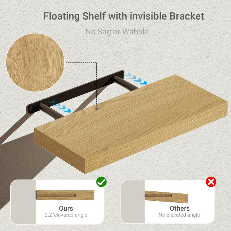 Vivelove Floating Shelves for Wall Mounted, 16 inchs Shelf for Small Bathroom, Bedroom, Living Room, Kitchen, Modern Home Decor, Rustic Farmhouse Wall Shelves with Invisible Brackets - Set of 2, Oak - Image 4
