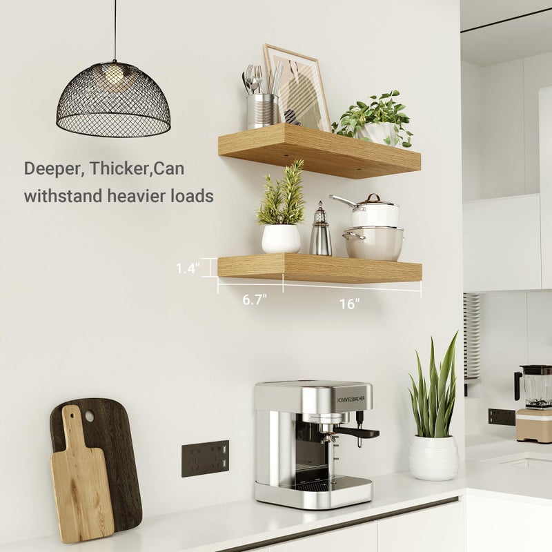 Vivelove Floating Shelves for Wall Mounted, 16 inchs Shelf for Small Bathroom, Bedroom, Living Room, Kitchen, Modern Home Decor, Rustic Farmhouse Wall Shelves with Invisible Brackets - Set of 2, Oak - Image 2