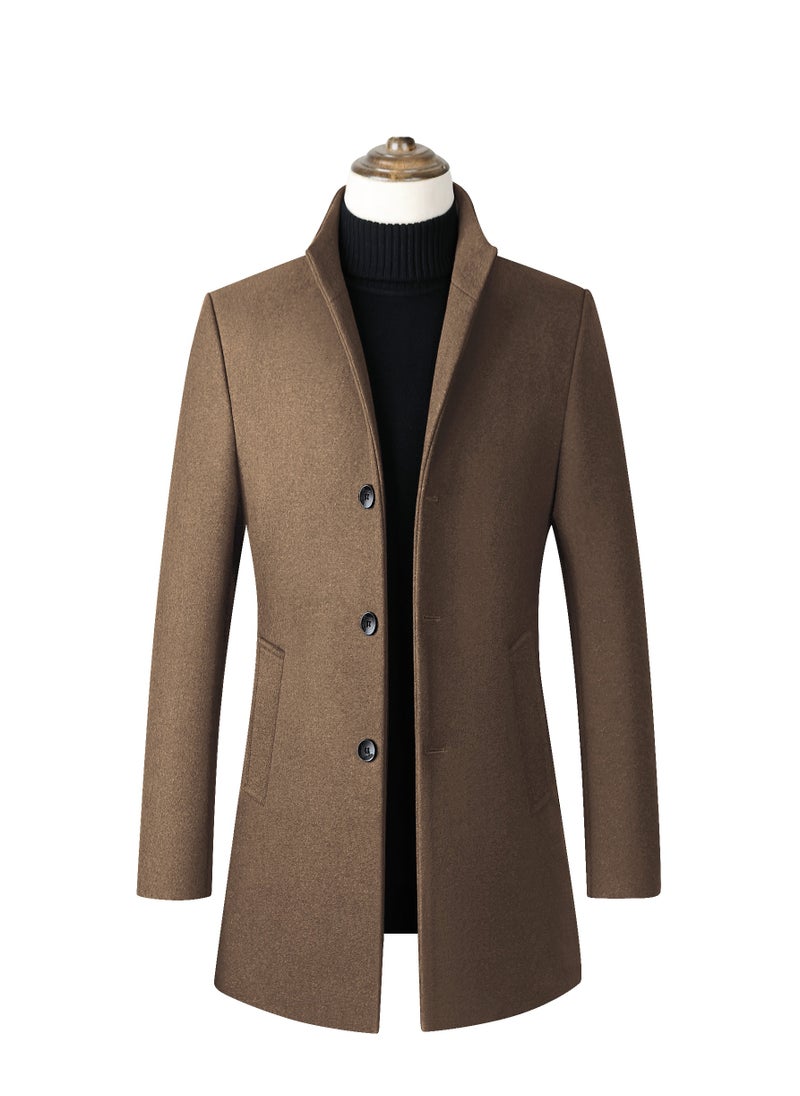 Loquat - Fashion Men Winter Solid Colour Trench Coat Outwear Overcoat Long Sleeve Jacket Camel - Image 1