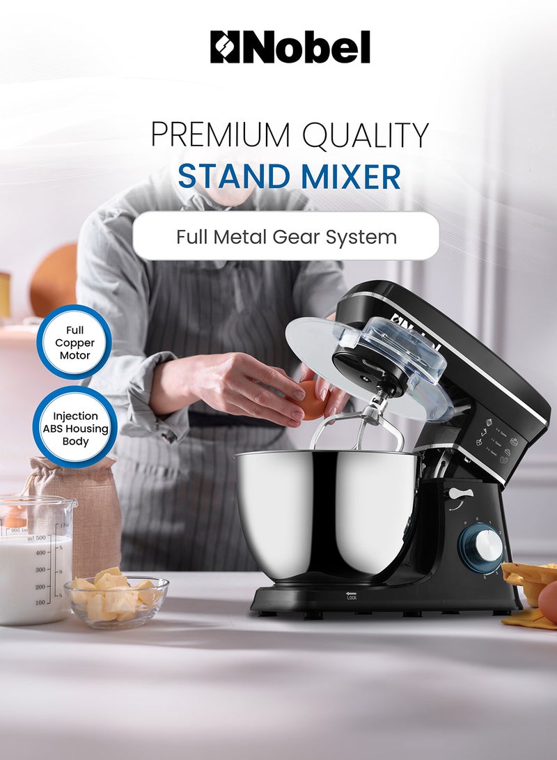 Nobel Stand Mixer with 10 Litres Stainless Steel Bowl, Full Copper Motor, 6 Speeds with Pulse Function, LED Indicator, Safety Lock, Anti Slip Feet 10 L 1100 W NBM120 Black - Image 2
