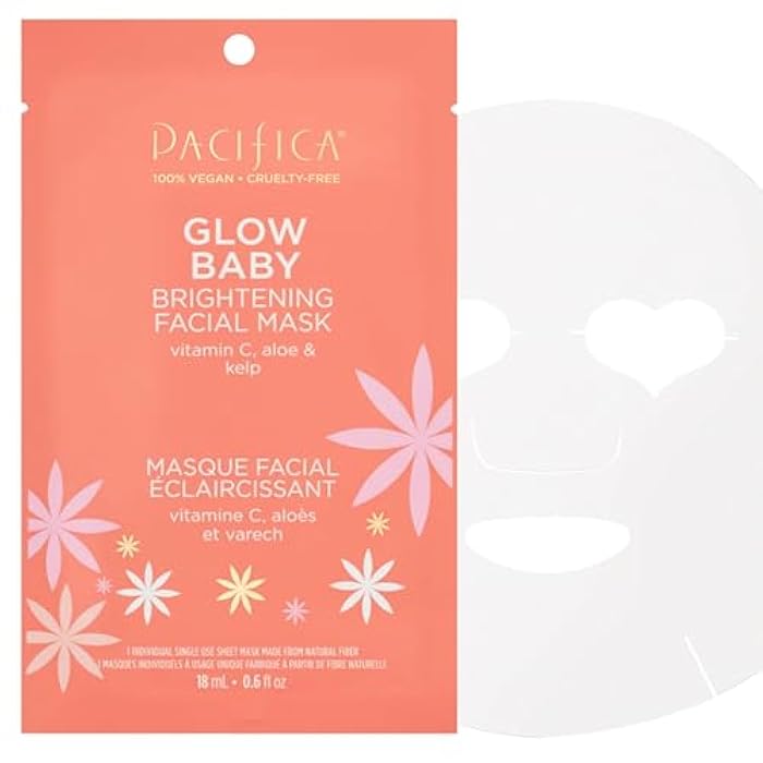 Pacifica Sheet Face Mask - Glow Baby Brightening Facial Mask w/Vitamin C, Aloe & Kelp – Cooling Mask for Dark Spots & Fine Lines - Clean Beauty Vegan & Cruelty-Free Dermatologist Tested - Image 1