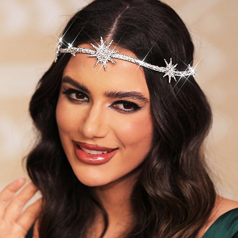 JEAIRTS Rhinestone Headband Silver Star Hair Band Sparkly Bridal Forehead Crystal Headpiece Prom Rave Hair Accessories for Women