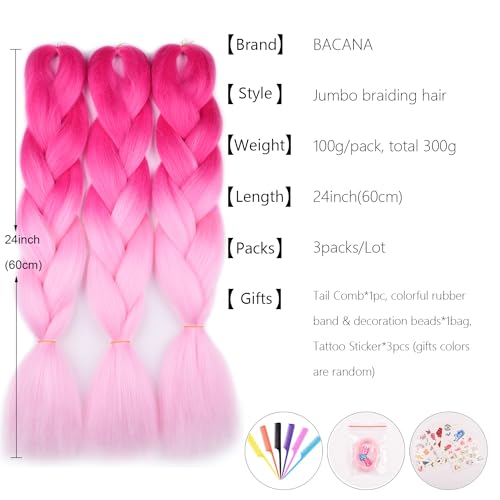BACANA Ombre Braiding Hair (Pink/Light Pink)3pcs Jumbo Braiding Hair Extension For Box Braids Twist 24 Inch Hot Water Seal Real Soft - Image 2
