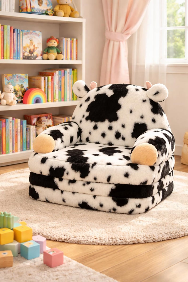 QIUODO Toddler Chair with Faux Rabbit Fur â€“ 2-in-1 Foldable Kids Couch, Soft Sofa for Reading, Bedroom or Playroom Use, Ages 1-3ï¼ˆCowï¼‰ - Image 3
