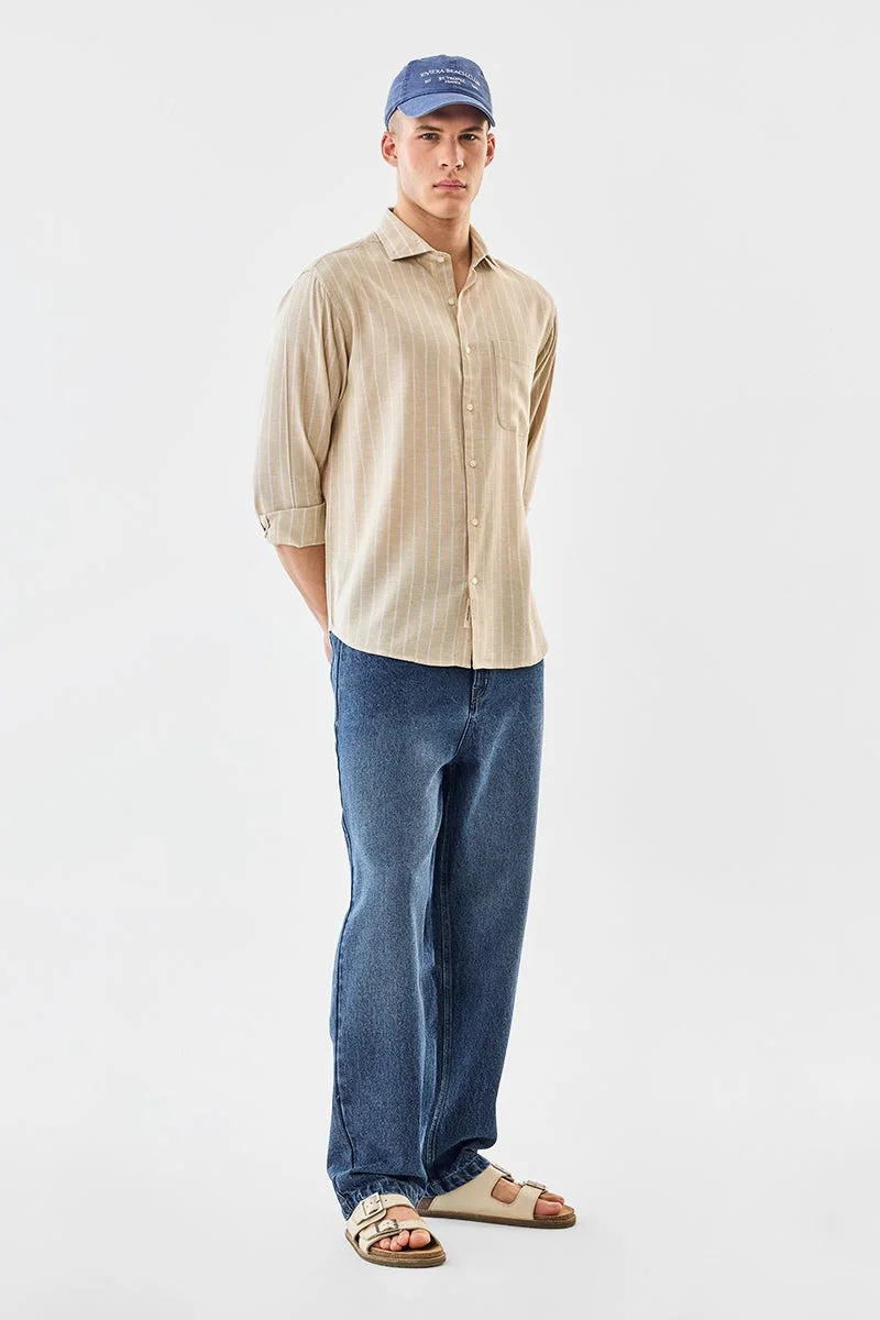 SNITCH Beige Striped Long Sleeve Regular Fit Shirt