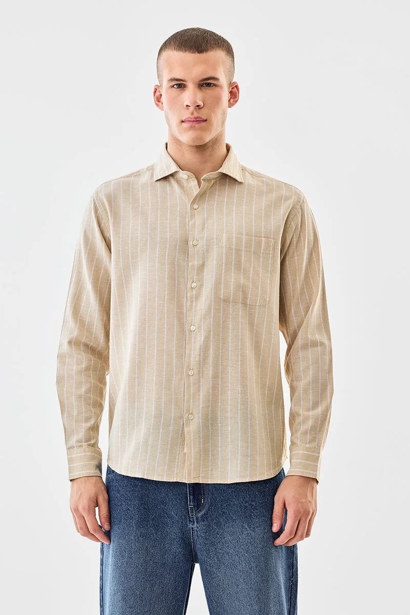 SNITCH Beige Striped Long Sleeve Regular Fit Shirt