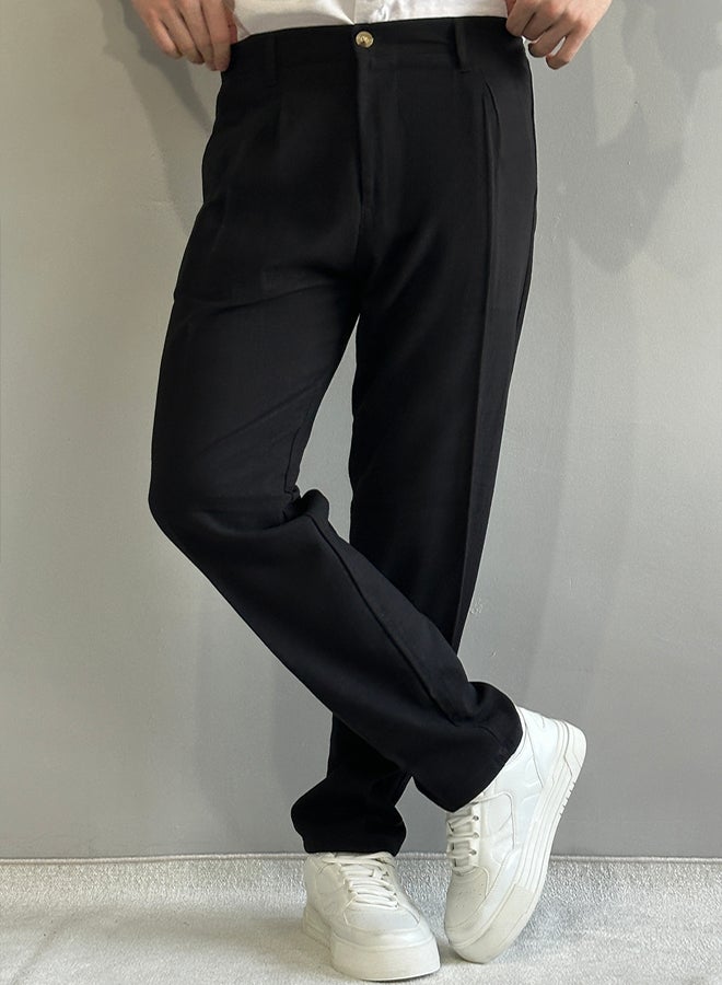 trendyol Black Pleated Comfortable Linen Look Cotton Pants - Image 5