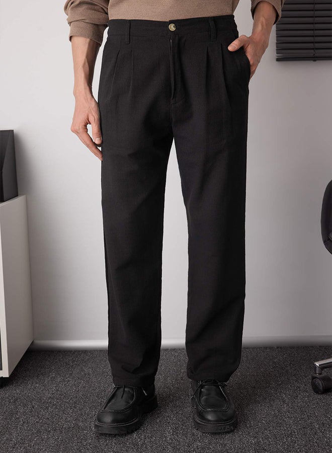 trendyol Black Pleated Comfortable Linen Look Cotton Pants - Image 3