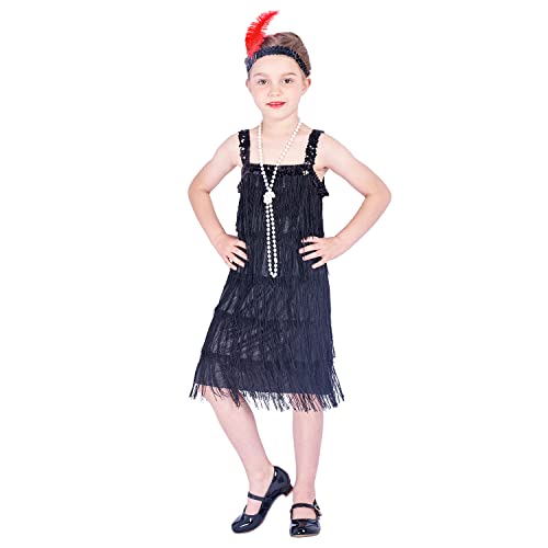 Sincere Party Roaring the 20s Black Flapper Costume Dress with Pearl Necklace,Feather Headband for Girls,Gangster Flapper Dress for Kids 12-14 - Image 2