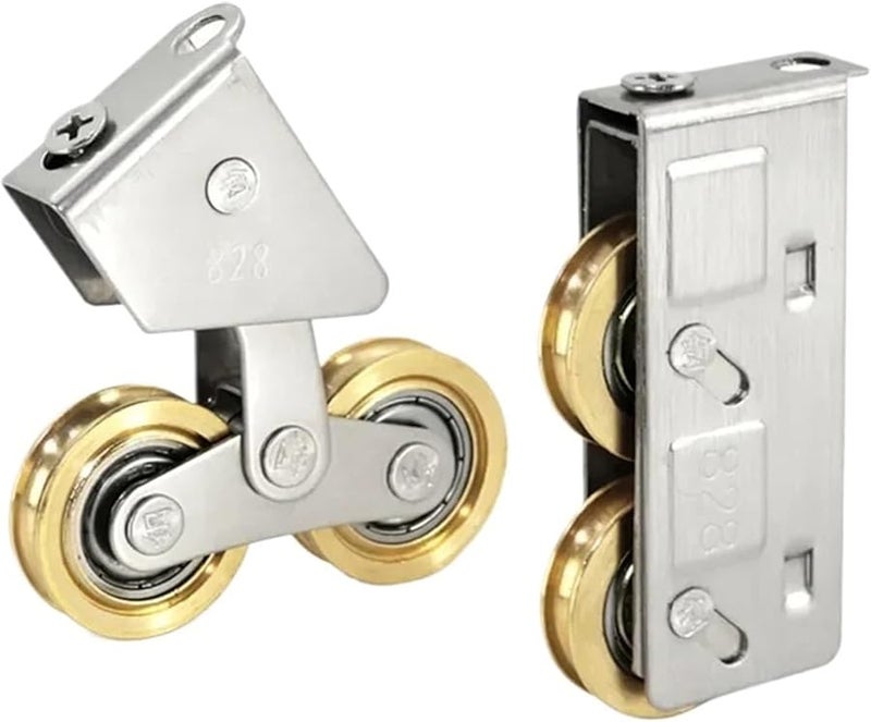 4 قطع من البكرات الفولاذية المقاومة للصدأ للأبواب المنزلقة والنوافذ، بعجلات نحاسية مزدوجة ومحامل بكرات، نوع C2 ثابت - Image 5