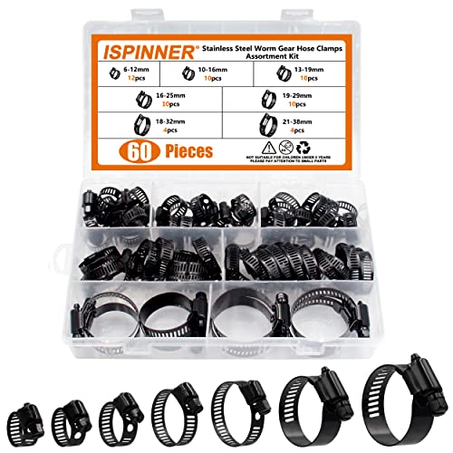 ISPINNER 60pcs Stainless Steel Adjustable 6-38mm Range Worm Gear Hose Clamps Assortment Kit for Plumbing, Automotive, Mechanical Applications (Black) - Image 1