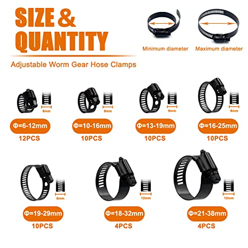 ISPINNER 60pcs Stainless Steel Adjustable 6-38mm Range Worm Gear Hose Clamps Assortment Kit for Plumbing, Automotive, Mechanical Applications (Black) - Image 2