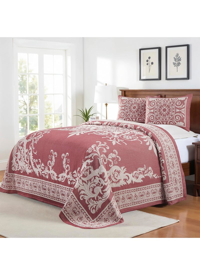 Superior Superior Cotton Blend 3Piece Bedspread Set Oversized Bedspread 2 Matching Pillow Shams Light Weight Blanket Jacquard Traditional Medallion Bedding Decor Adalie Collection King Berry Red 