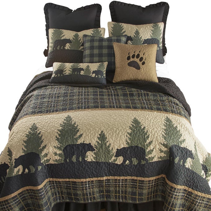 CALIFORNIA KING QUILT BEAR WALK PLAID LODGE QUILT WITH BEAR PATTERN MACHINE WASHABLE