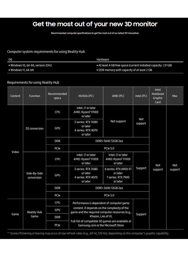 سامسونج شاشة ألعاب 27 بوصة أوديسي 3D 4K G9 165Hz 1ms، مركز أوديسي 3D (تحويل فيديو 3D بالذكاء الاصطناعي)، 3D بدون زجاج، صوت مكاني، إضاءة حافة، AMD FreeSync Premium، يرجى الرجوع إلى متطلبات النظام لاستخدام مركز أوديسي 3D LS27FG900XMXUE - Image 2