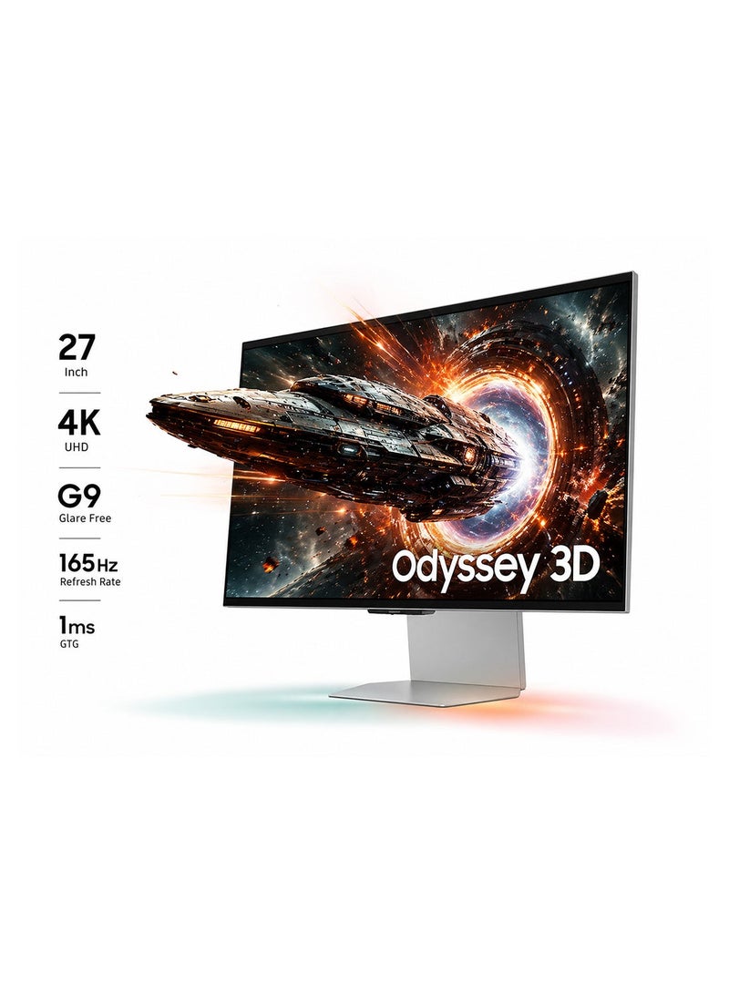Samsung 27 Inch Odyssey 3D 4K G9 165Hz 1ms Gaming Monitor, Odyssey 3D Hub (AI 3D Video Coversion), Glass Free 3D, Spatial Audio, Edge Lighting, AMD FreeSync Premium, LS27FG900XMXUE Silver - Image 1