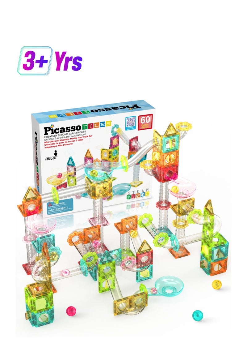 PicassoTiles - Picasso Magnetic Mini Diamond Marble Run Track 60 Pieces | Magnetic Tiles | Building Blocks | Educational Toy Set | Construction Building Kit for Child Brain Development - Image 1