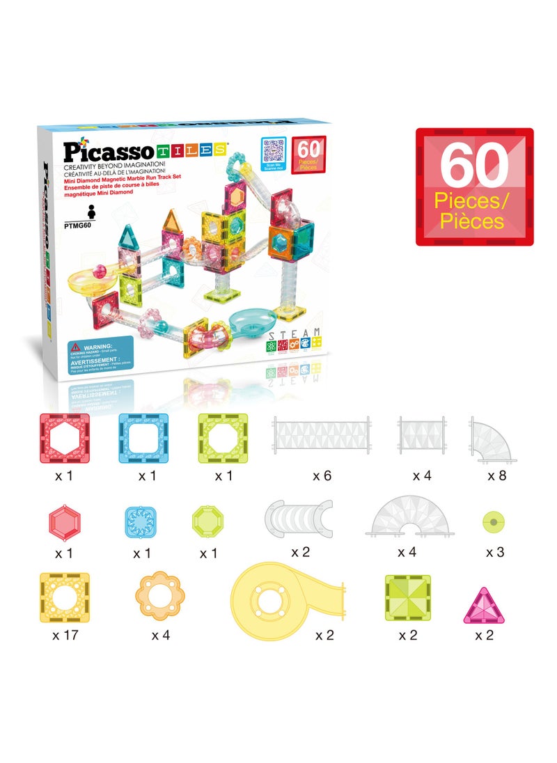 PicassoTiles - Picasso Magnetic Mini Diamond Marble Run Track 60 Pieces | Magnetic Tiles | Building Blocks | Educational Toy Set | Construction Building Kit for Child Brain Development - Image 1